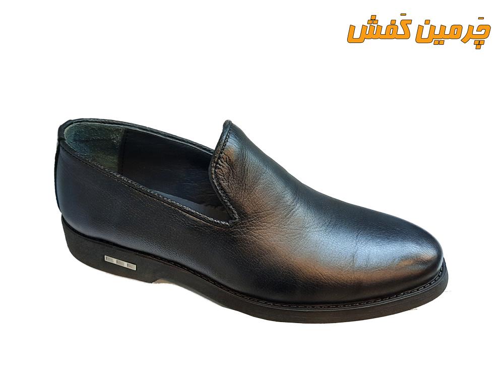 کفش تمام چرم مردانه رخشی زیره ترمو بدون بند کد 20289 مشکی