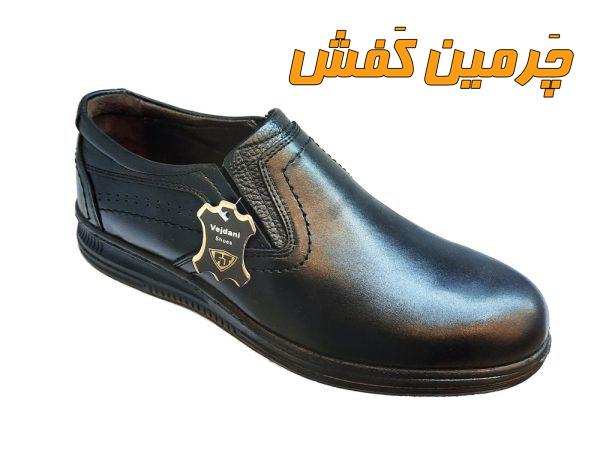 کفش چرم مردانه وجدانی Vejdani زیره پی یو بدون بند کد 20563 مشکی